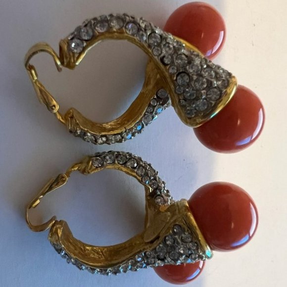 Kenneth Jay Lane Jewelry - Vintage Mid Century Kenneth Jay Lane (KJL) Pair Rhinestone Coral Gold Earrings